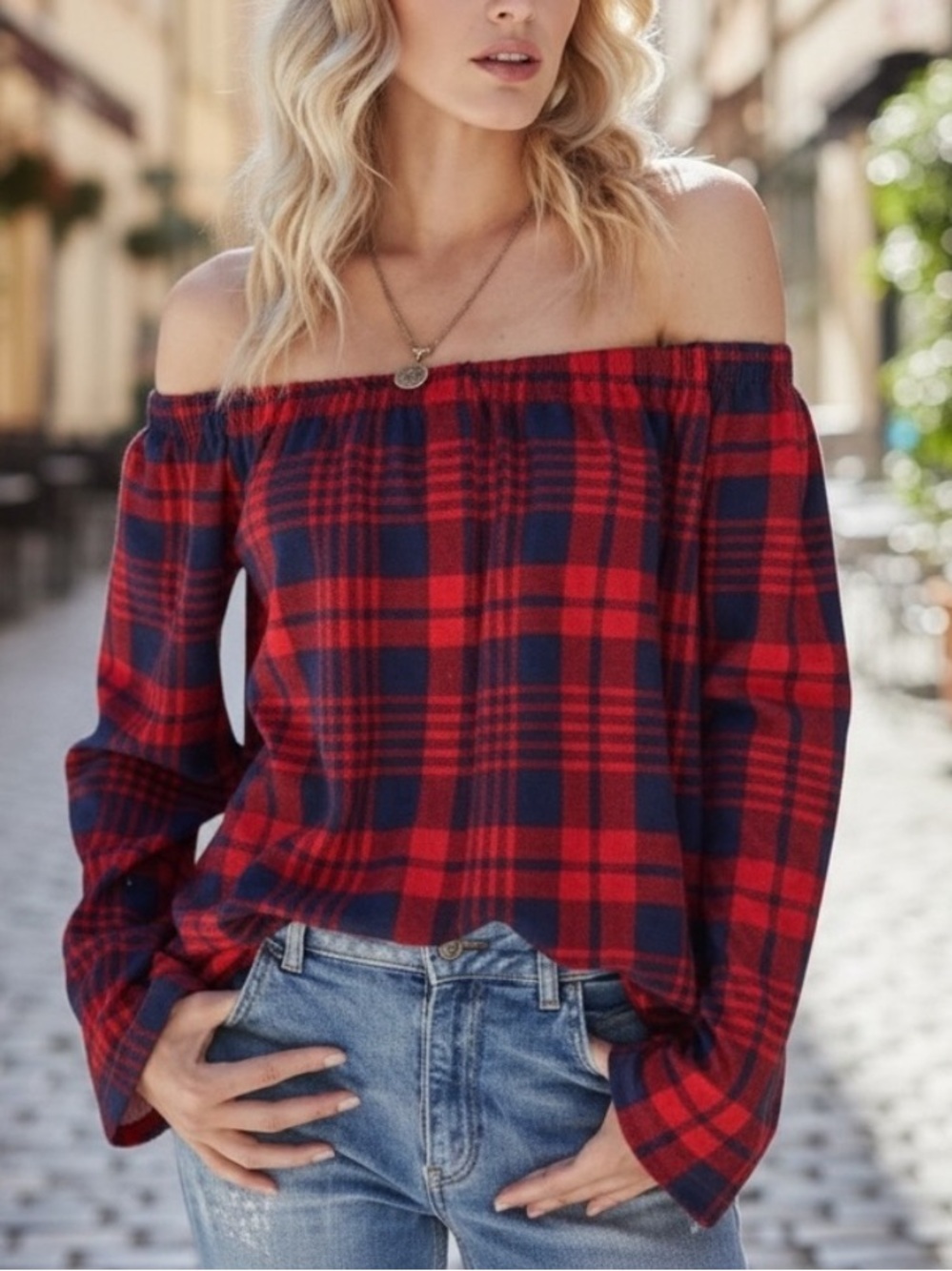 NEW•L-XL•Creme De La Creme Candy Apple Plaid Off The Shoulder Top